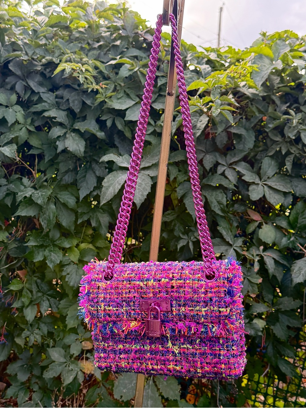 Kurt Geiger Fuchsia Multicolor Tweed Chain Shoulder Bag